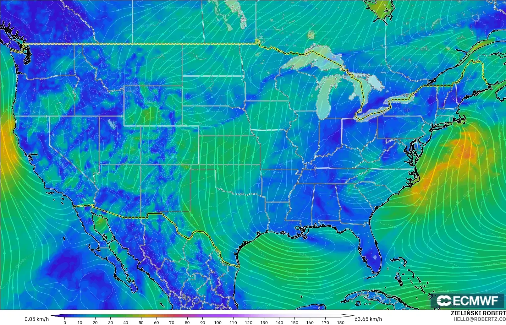 ECMWF IFS 0.25° model - United States, Wind at 10m