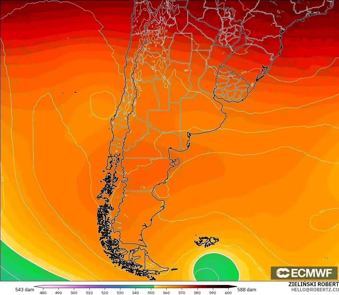 ECMWF IFS 0.25° model - Argentina, Geopotential height at 500hPa