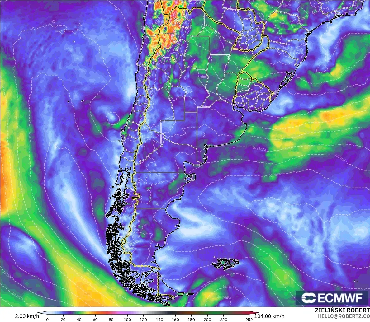 ECMWF IFS 0.25° model - Argentina, Wind Gusts Peak