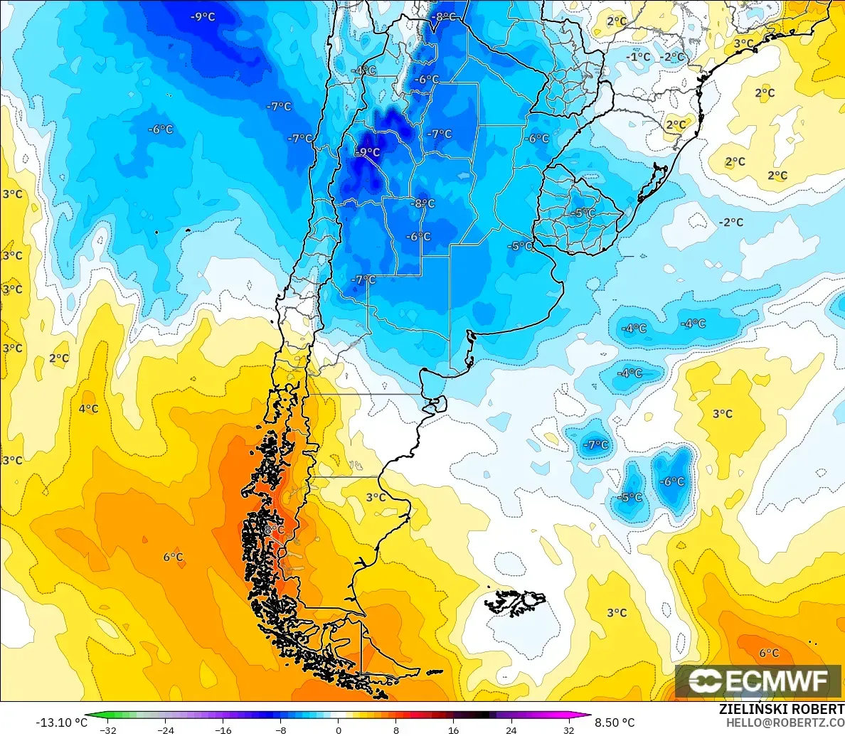ECMWF IFS 0.25° model - Argentina, Temperature at 850hPa Anomaly
