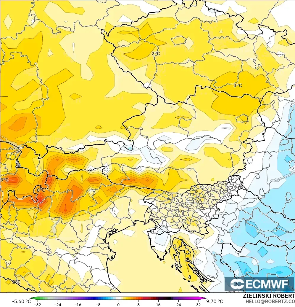 ECMWF IFS 0.25° model - Austria, Temperature at 2m Anomaly