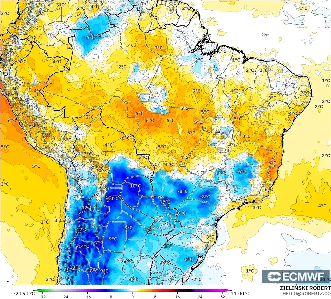 ECMWF IFS 0.25° model - Brazil, Temperature at 2m Anomaly