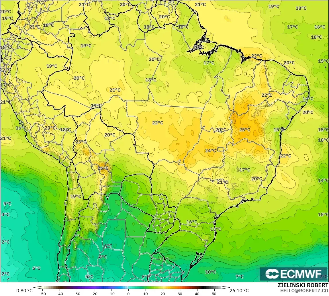 ECMWF IFS 0.25° model - Brazil, Temperature at 850hPa