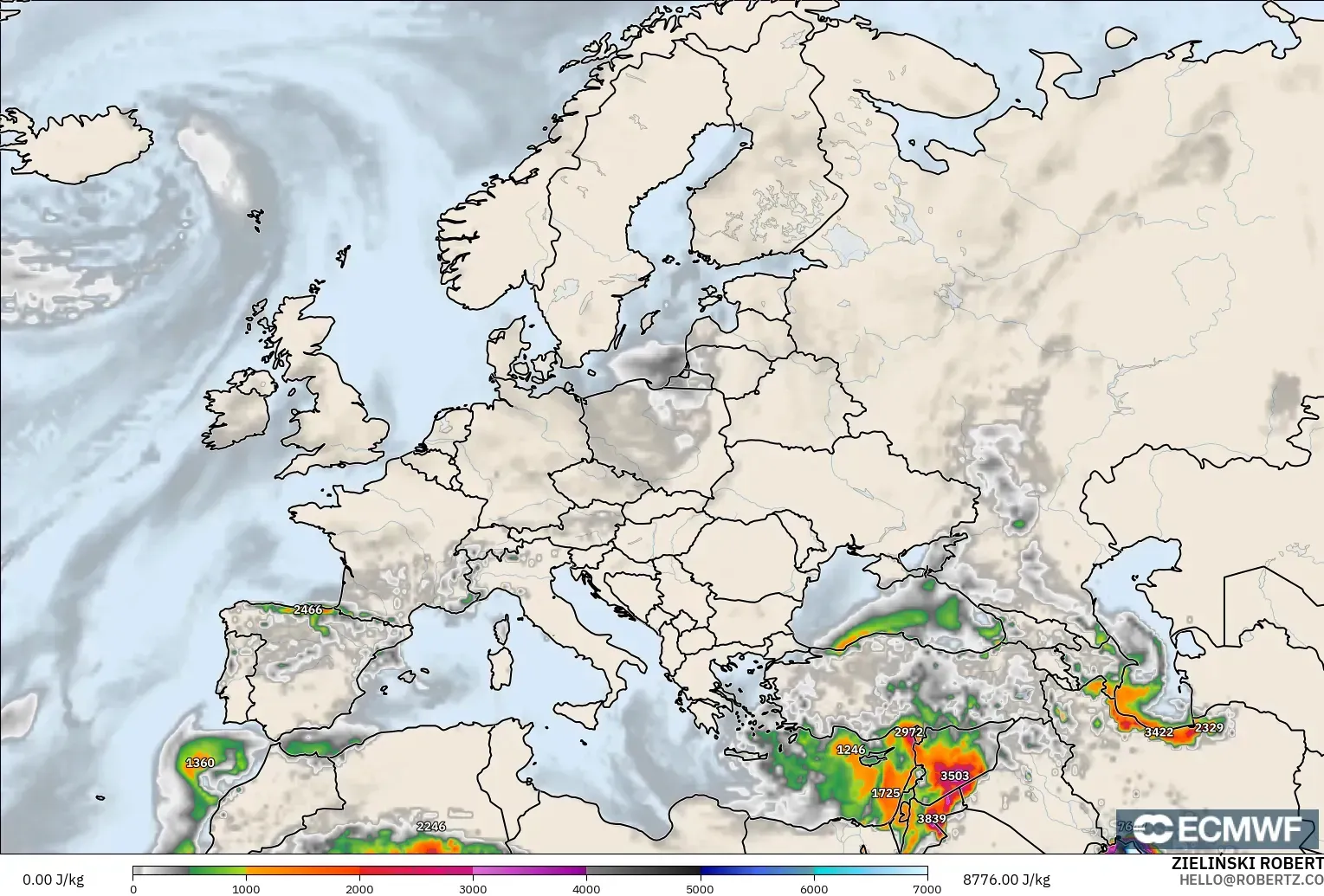 ECMWF IFS 0.25° model - Europe, CAPE