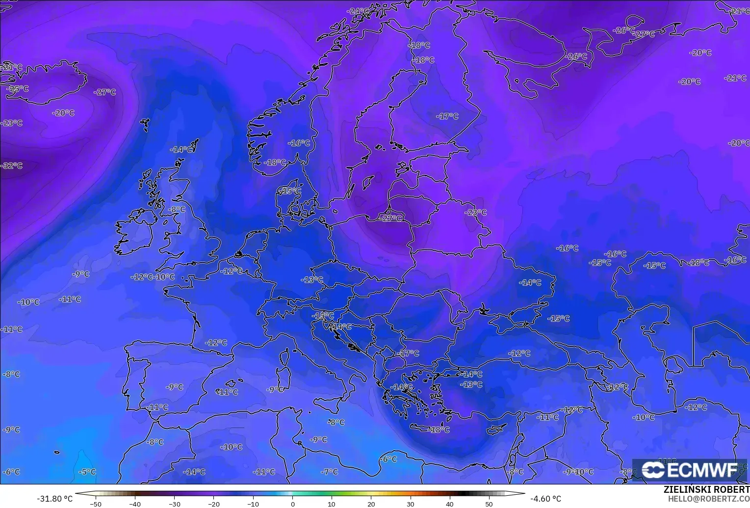 ECMWF IFS 0.25° model - Europe, Temperature at 500hPa