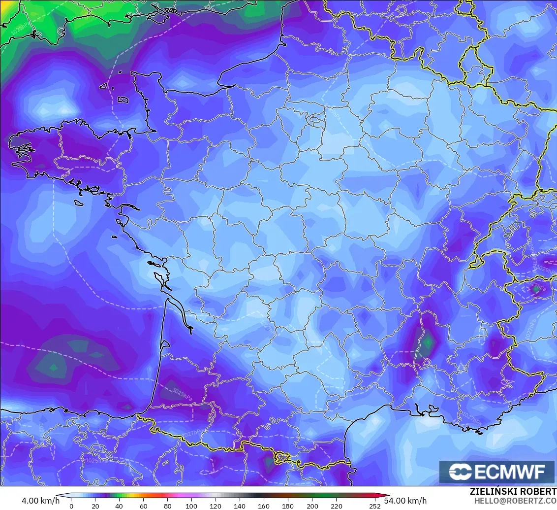 ECMWF IFS 0.25° model - France, Wind Gusts Peak