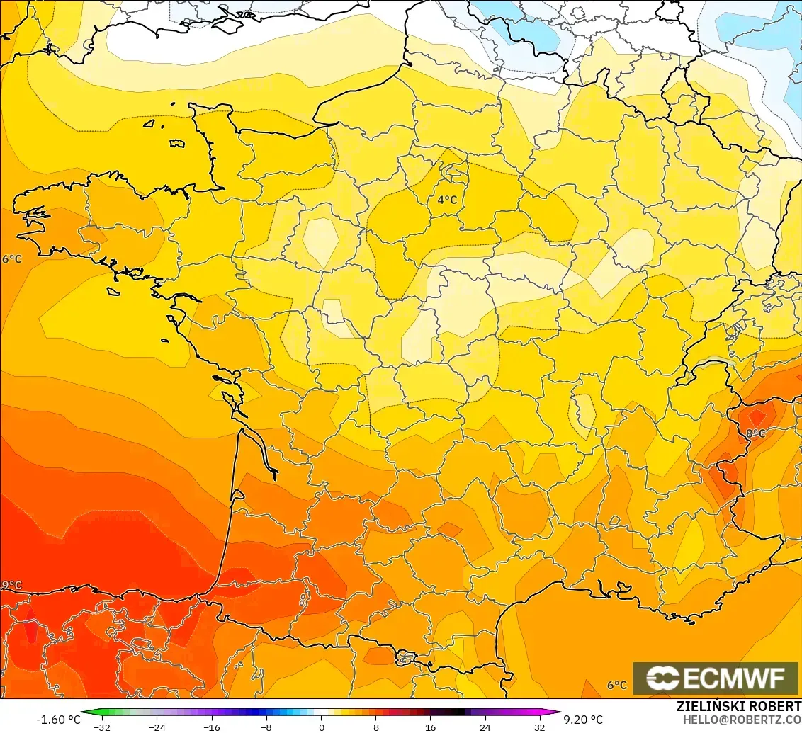 ECMWF IFS 0.25° model - France, Temperature at 850hPa Anomaly
