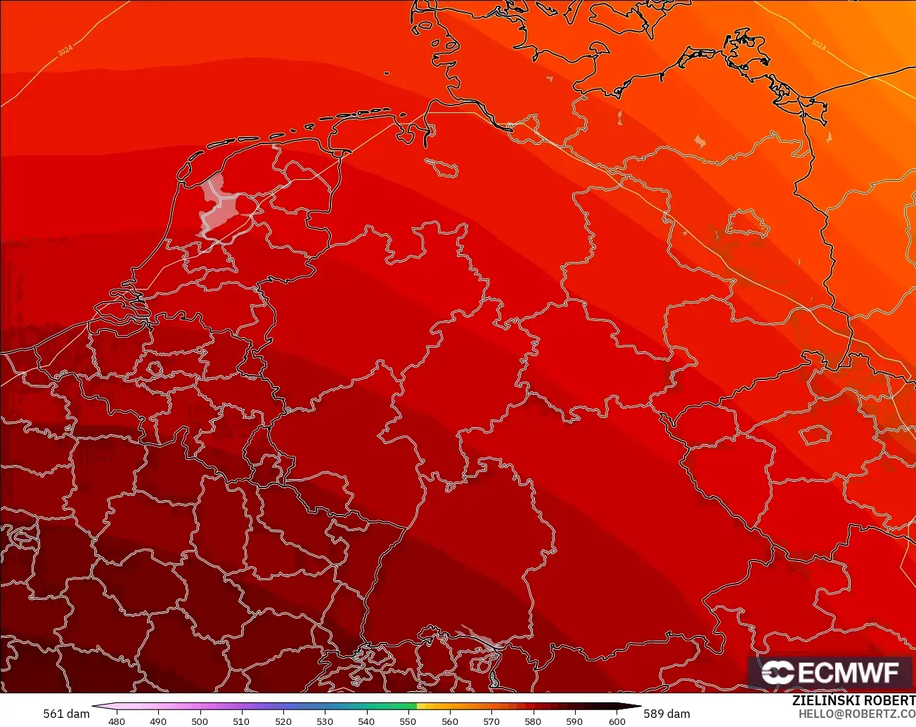 ECMWF IFS 0.25° model - Germany, Geopotential height at 500hPa