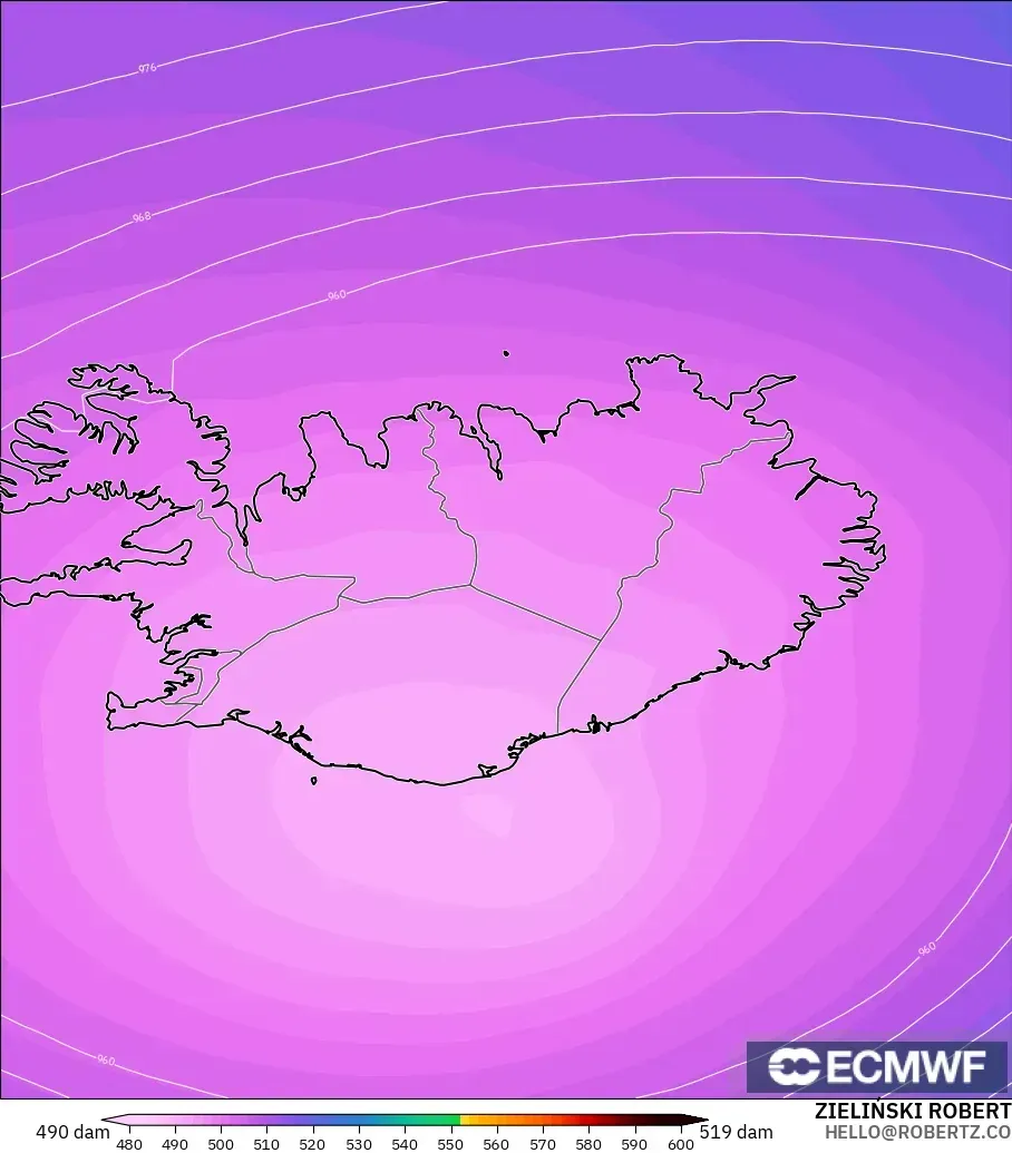 ECMWF IFS 0.25° model - Iceland, Geopotential height at 500hPa