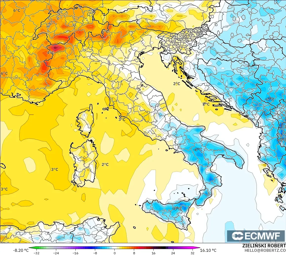 ECMWF IFS 0.25° model - Italy, Temperature at 2m Anomaly