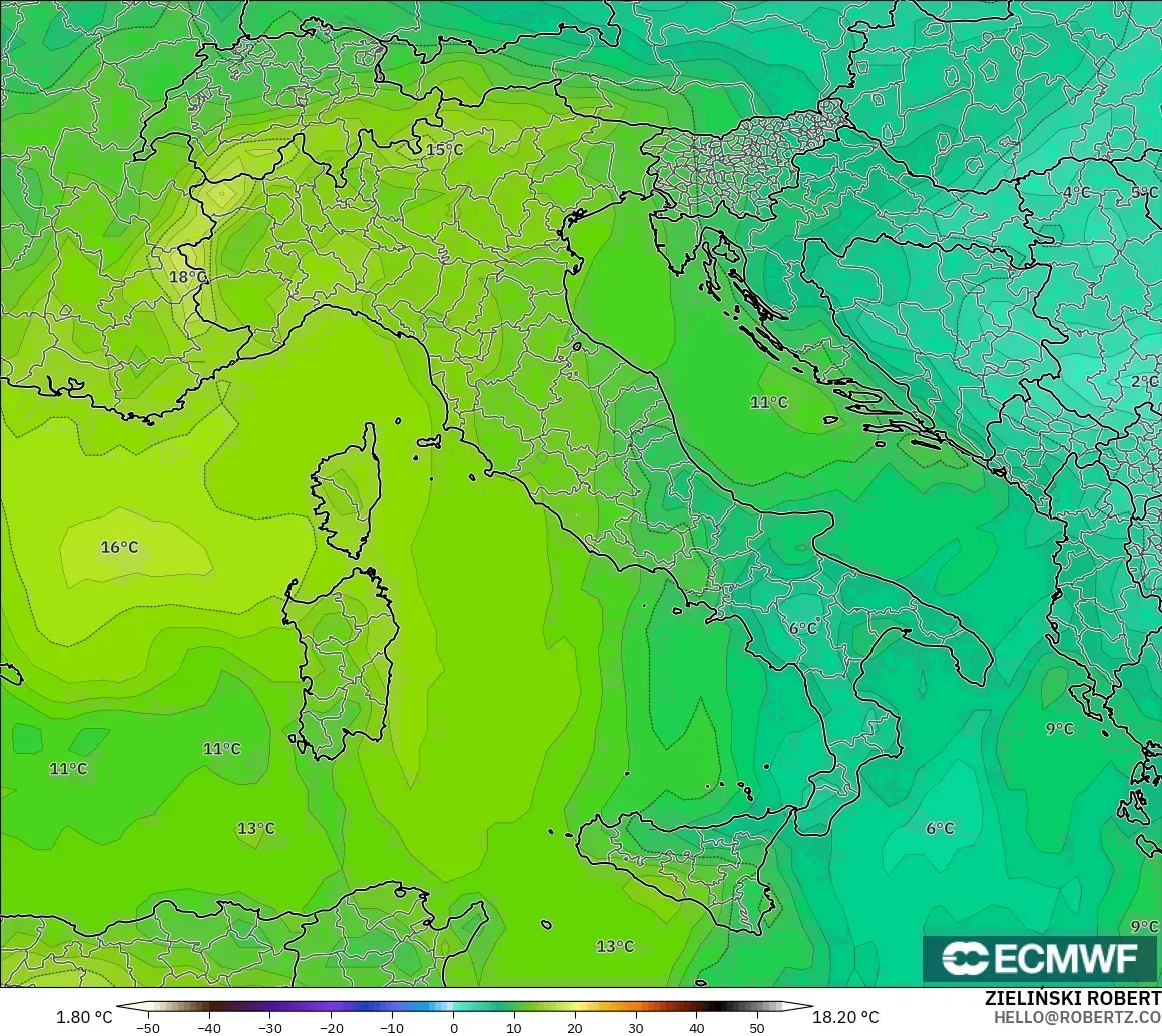 ECMWF IFS 0.25° model - Italy, Temperature at 850hPa