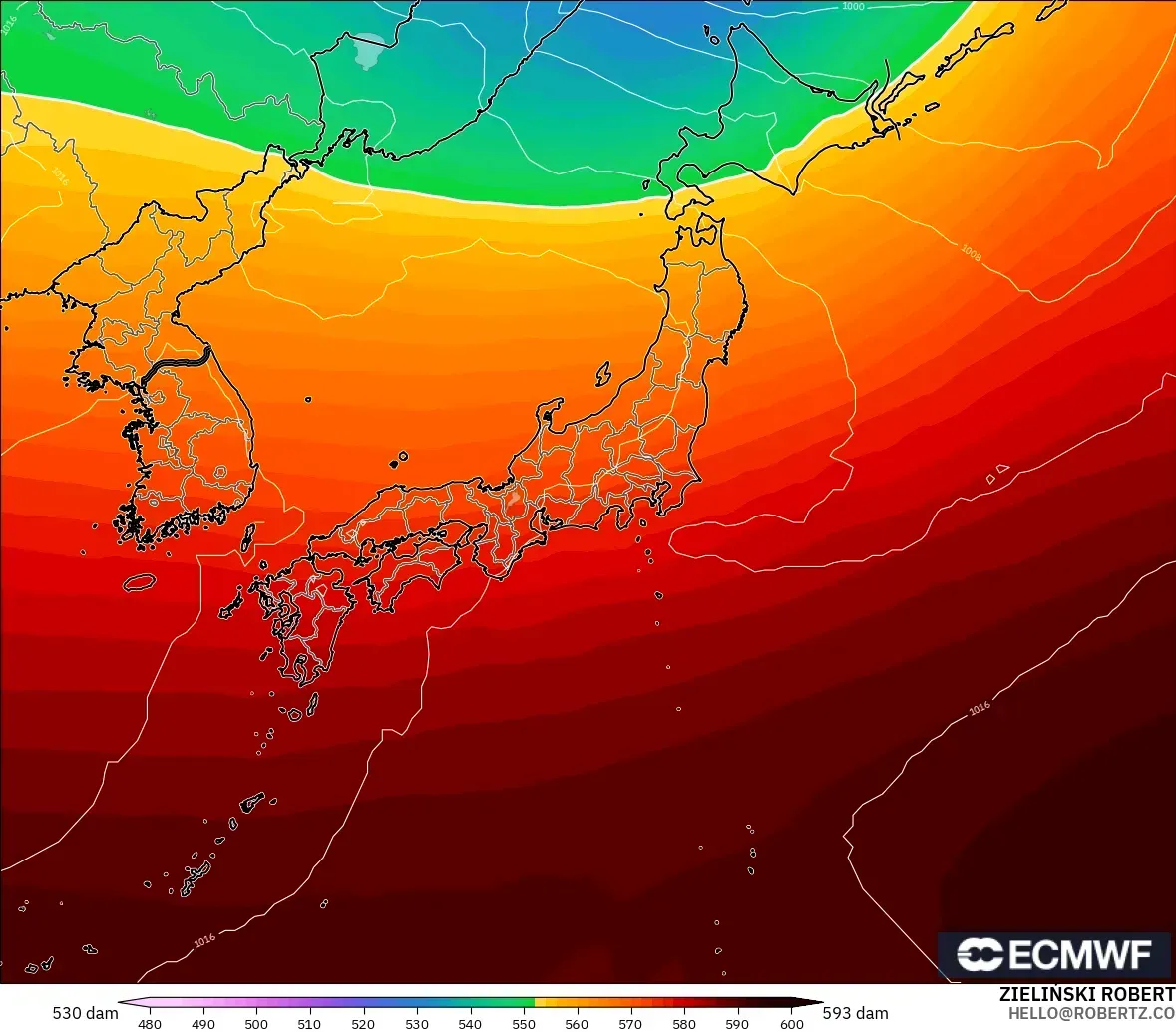 ECMWF IFS 0.25° model - Japan, Geopotential height at 500hPa