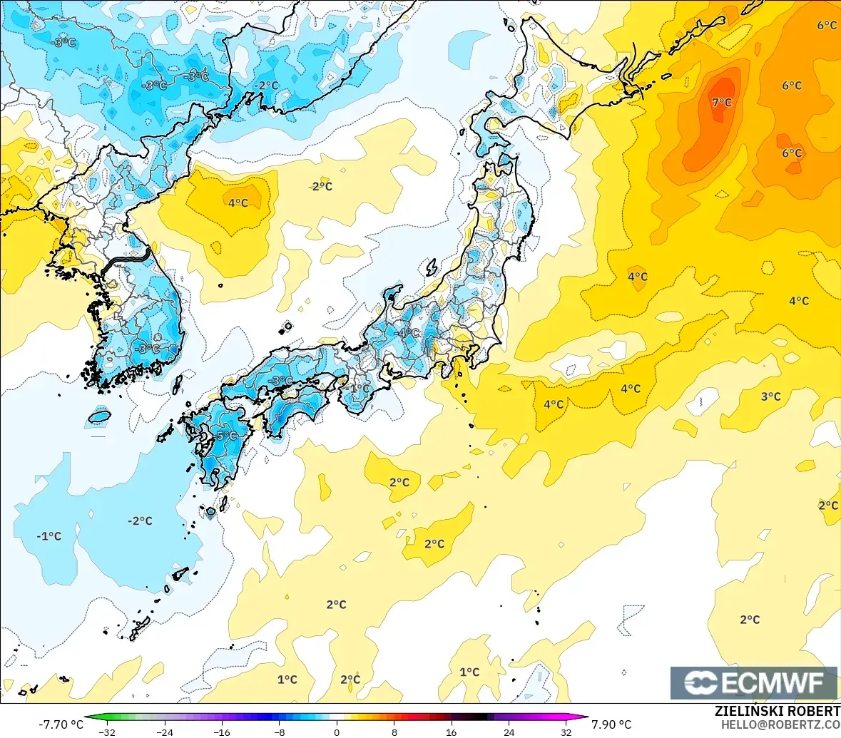ECMWF IFS 0.25° model - Japan, Temperature at 2m Anomaly