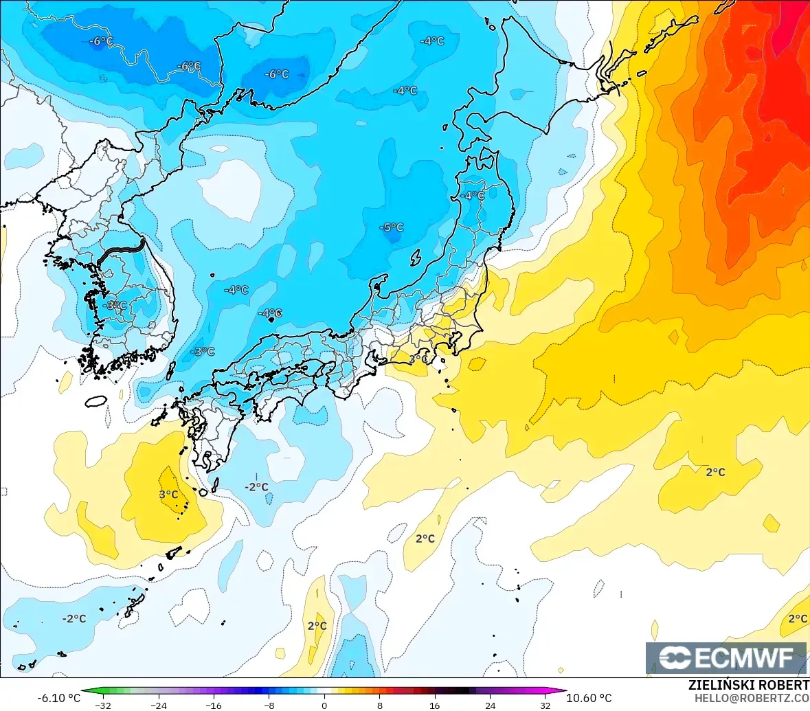 ECMWF IFS 0.25° model - Japan, Temperature at 850hPa Anomaly