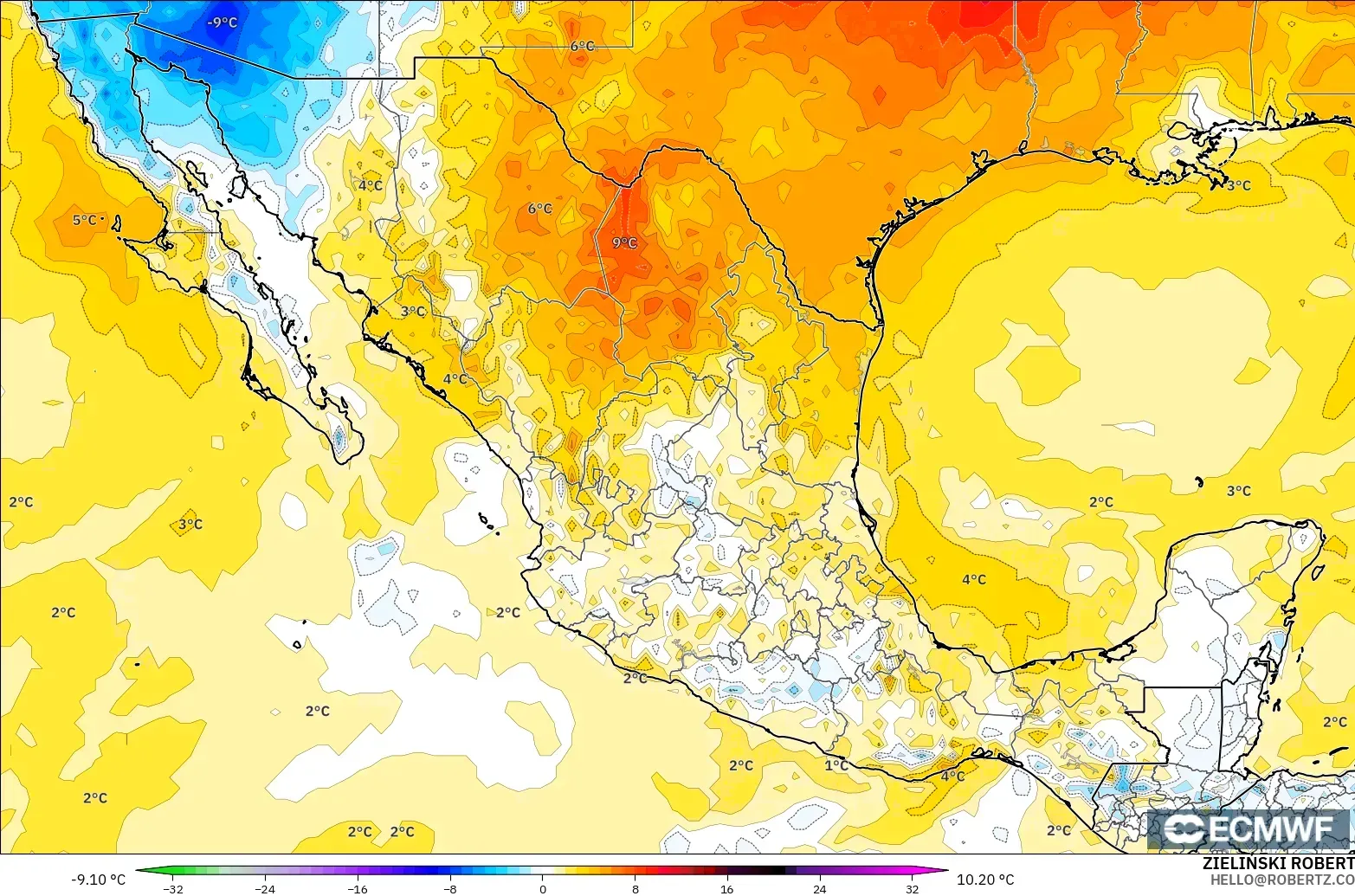ECMWF IFS 0.25° model - Mexico, Temperature at 2m Anomaly