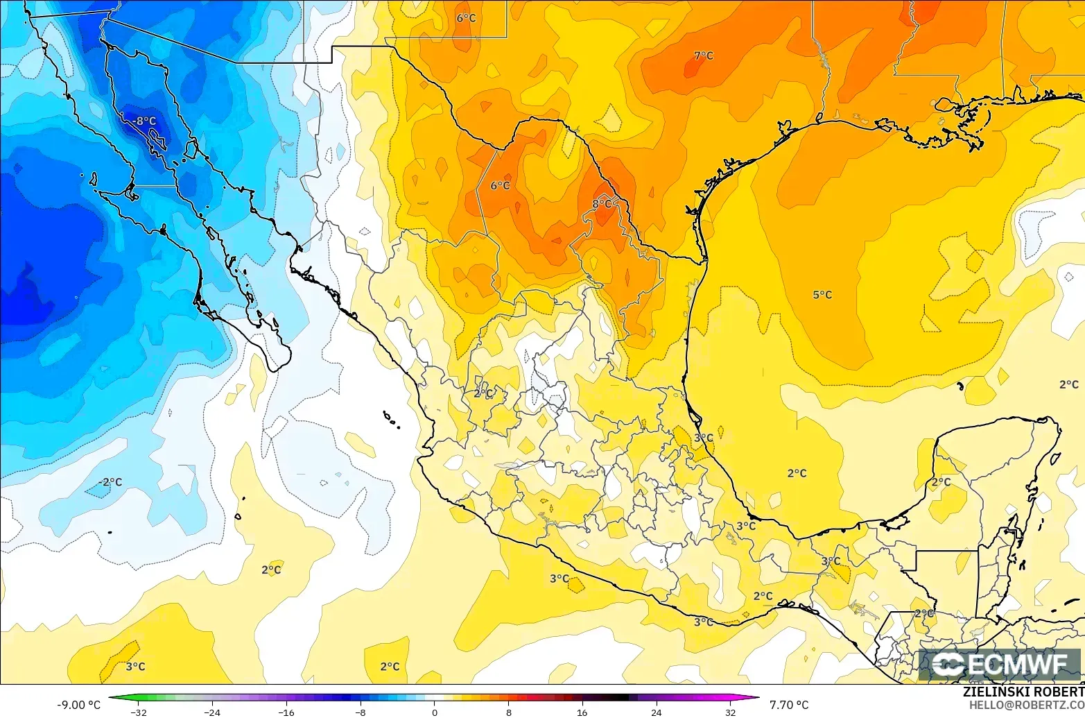 ECMWF IFS 0.25° model - Mexico, Temperature at 850hPa Anomaly