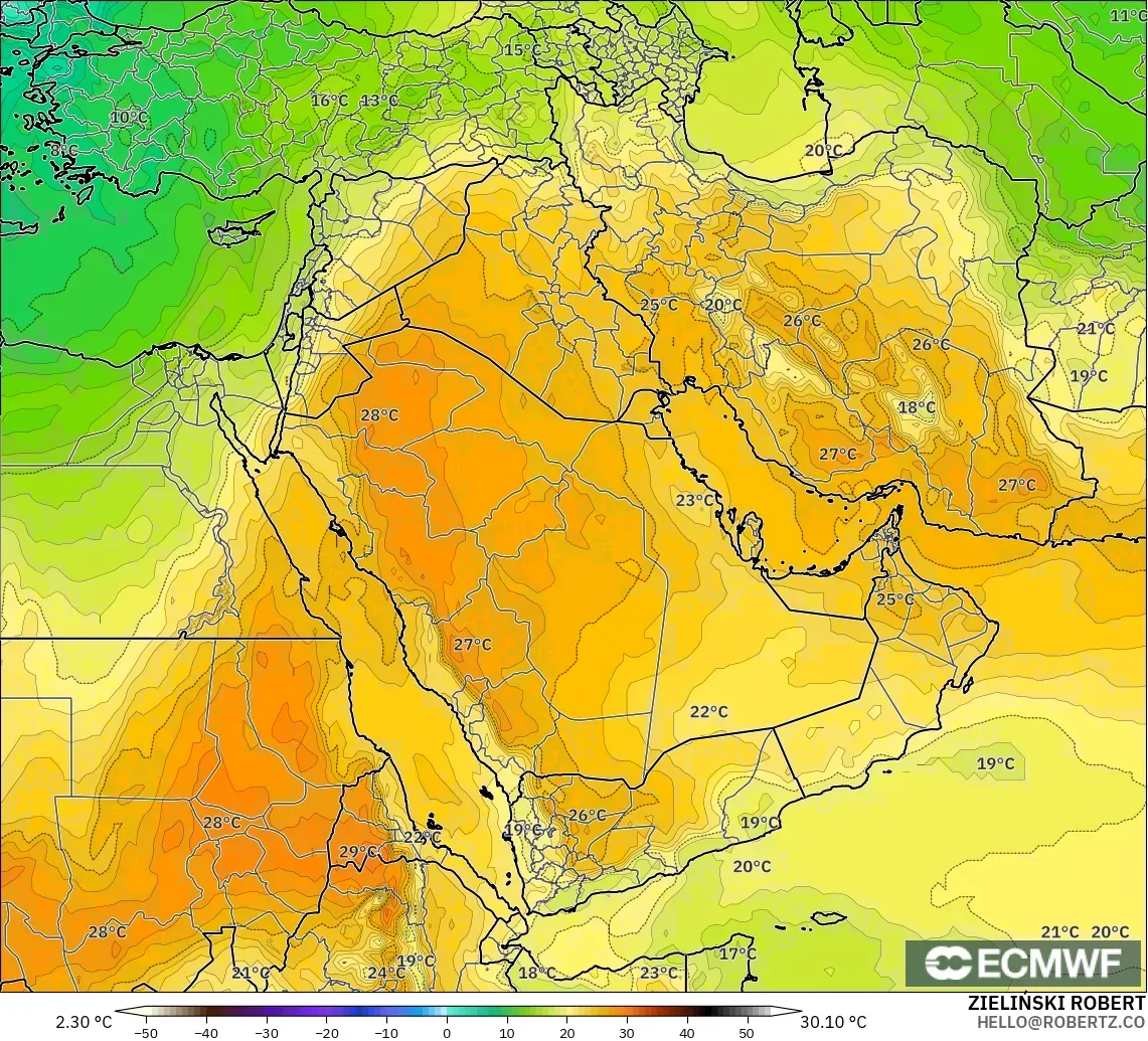 ECMWF IFS 0.25° model - Middle East, Temperature at 850hPa