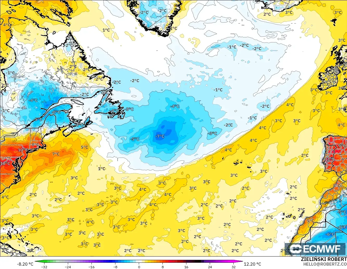 ECMWF IFS 0.25° model - North Atlantic, Temperature at 2m Anomaly