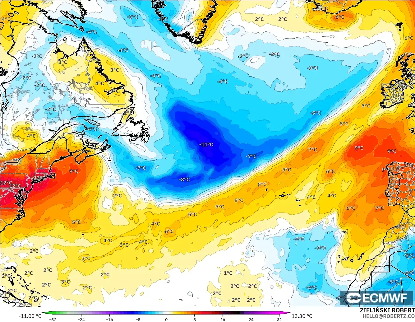 ECMWF IFS 0.25° model - North Atlantic, Temperature at 850hPa Anomaly