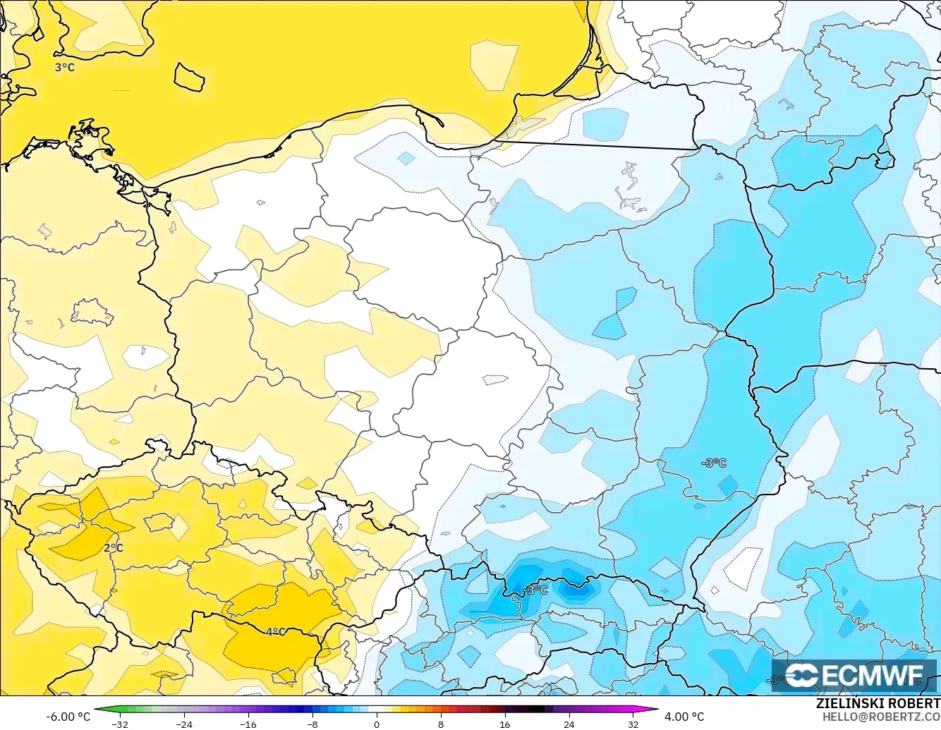 ECMWF IFS 0.25° model - Poland, Temperature at 2m Anomaly