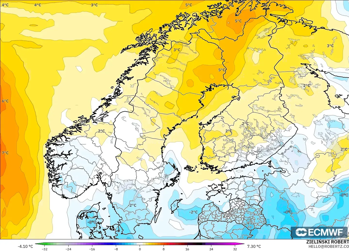 ECMWF IFS 0.25° model - Scandinavia, Temperature at 850hPa Anomaly