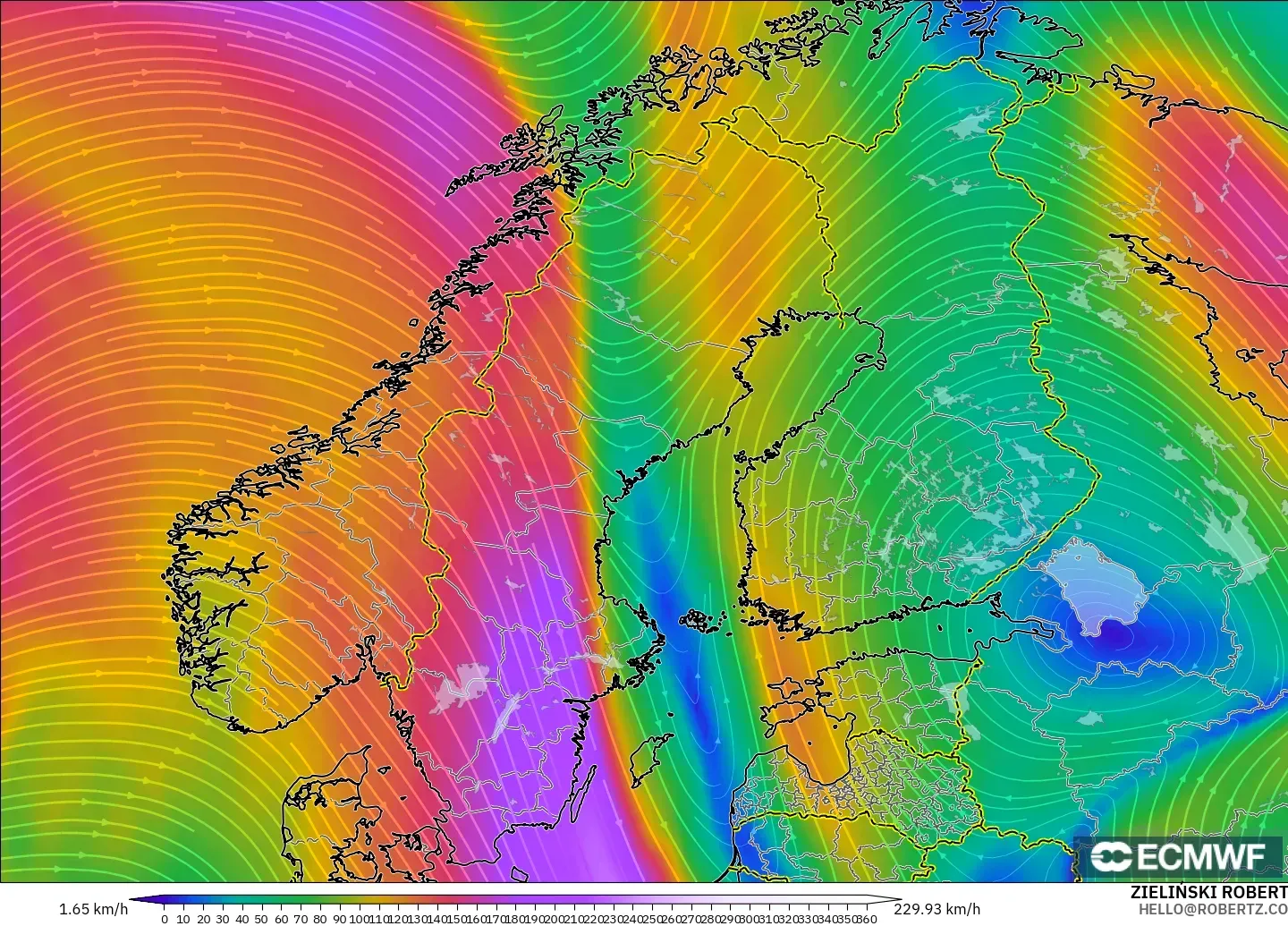 ECMWF IFS 0.25° model - Scandinavia, Wind at 300hPa (jet stream)