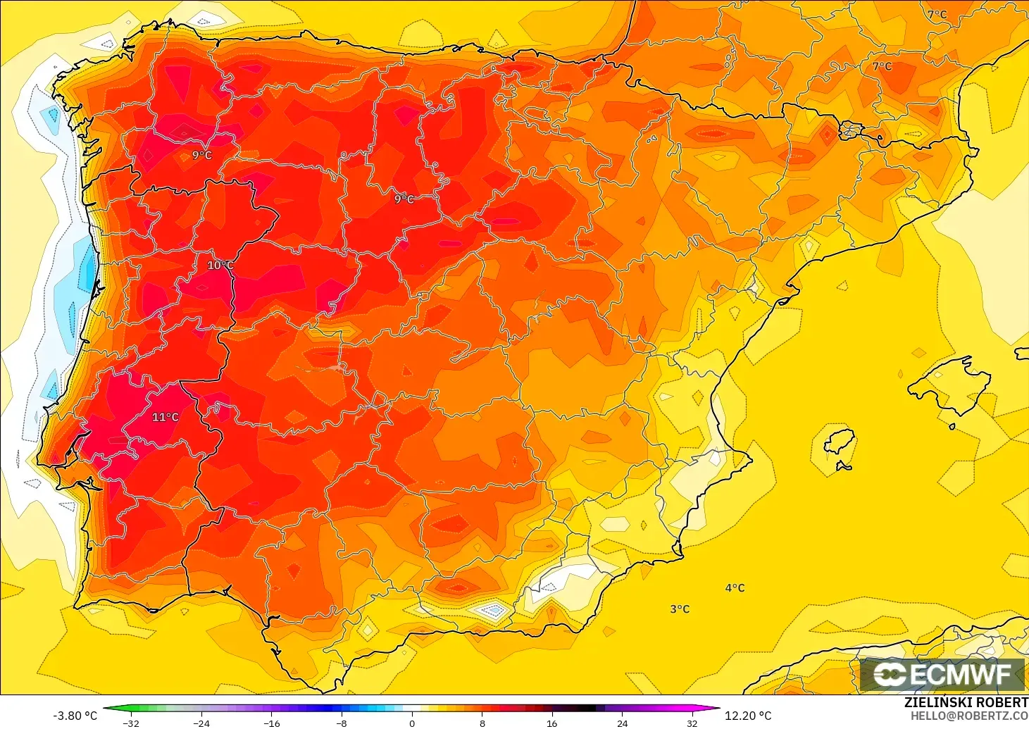 ECMWF IFS 0.25° model - Spain, Temperature at 2m Anomaly