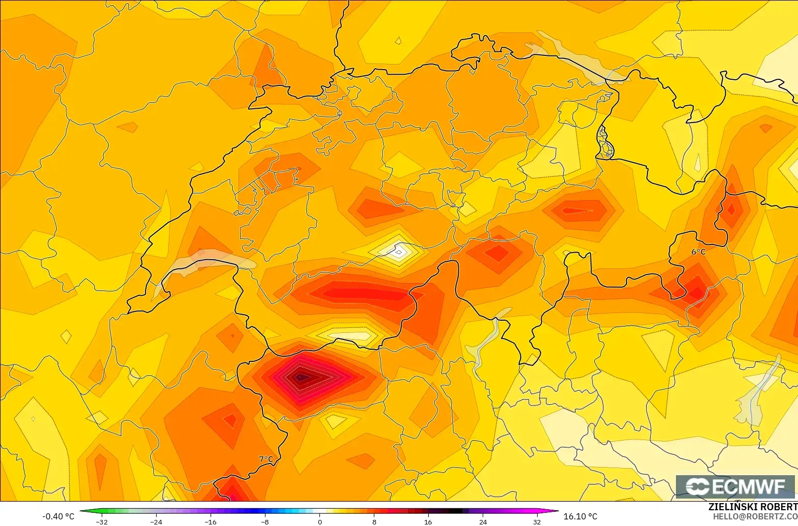 ECMWF IFS 0.25° model - Switzerland, Temperature at 2m Anomaly