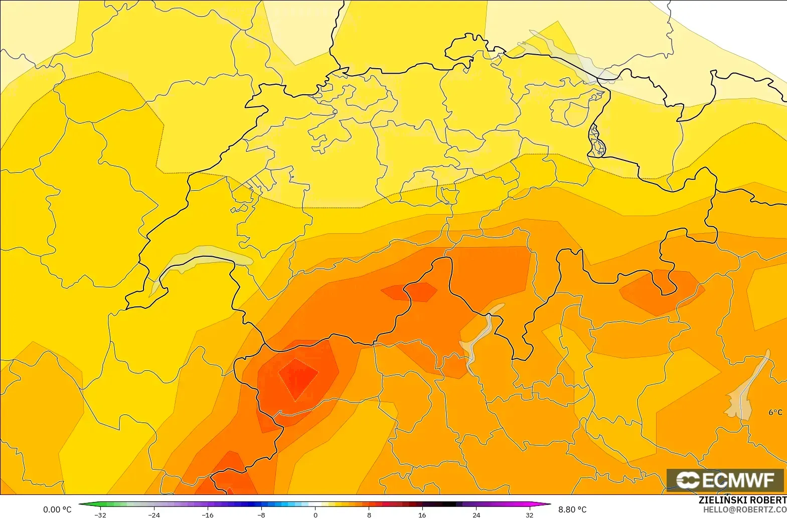 ECMWF IFS 0.25° model - Switzerland, Temperature at 850hPa Anomaly