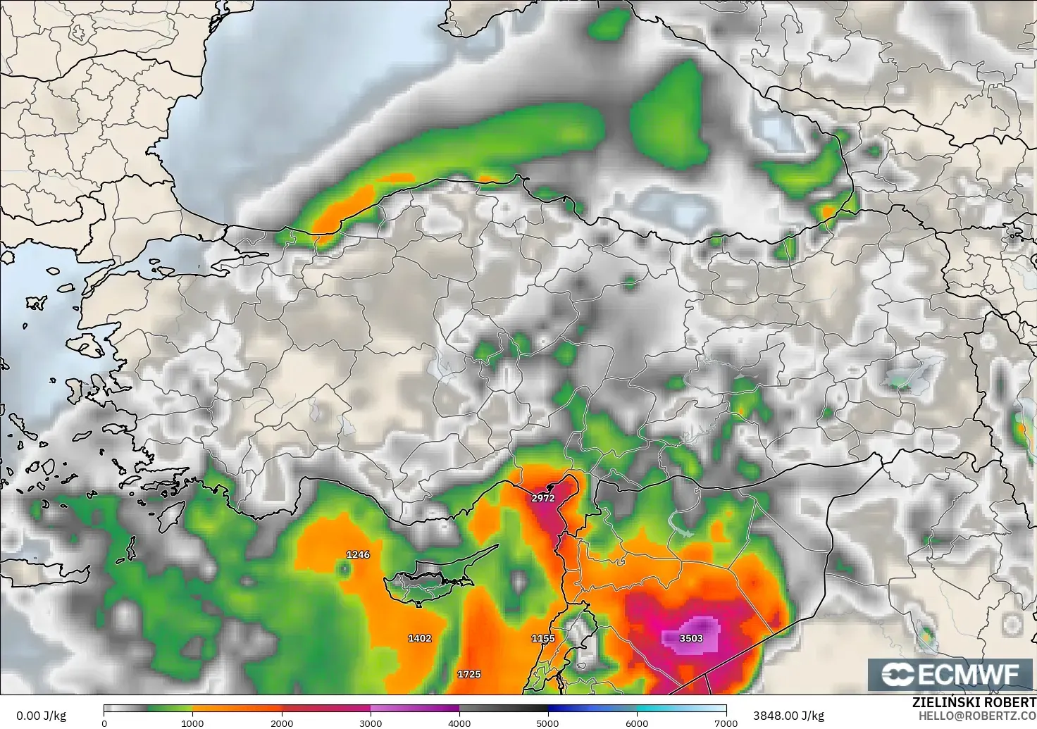 ECMWF IFS 0.25° model - Turkey, CAPE