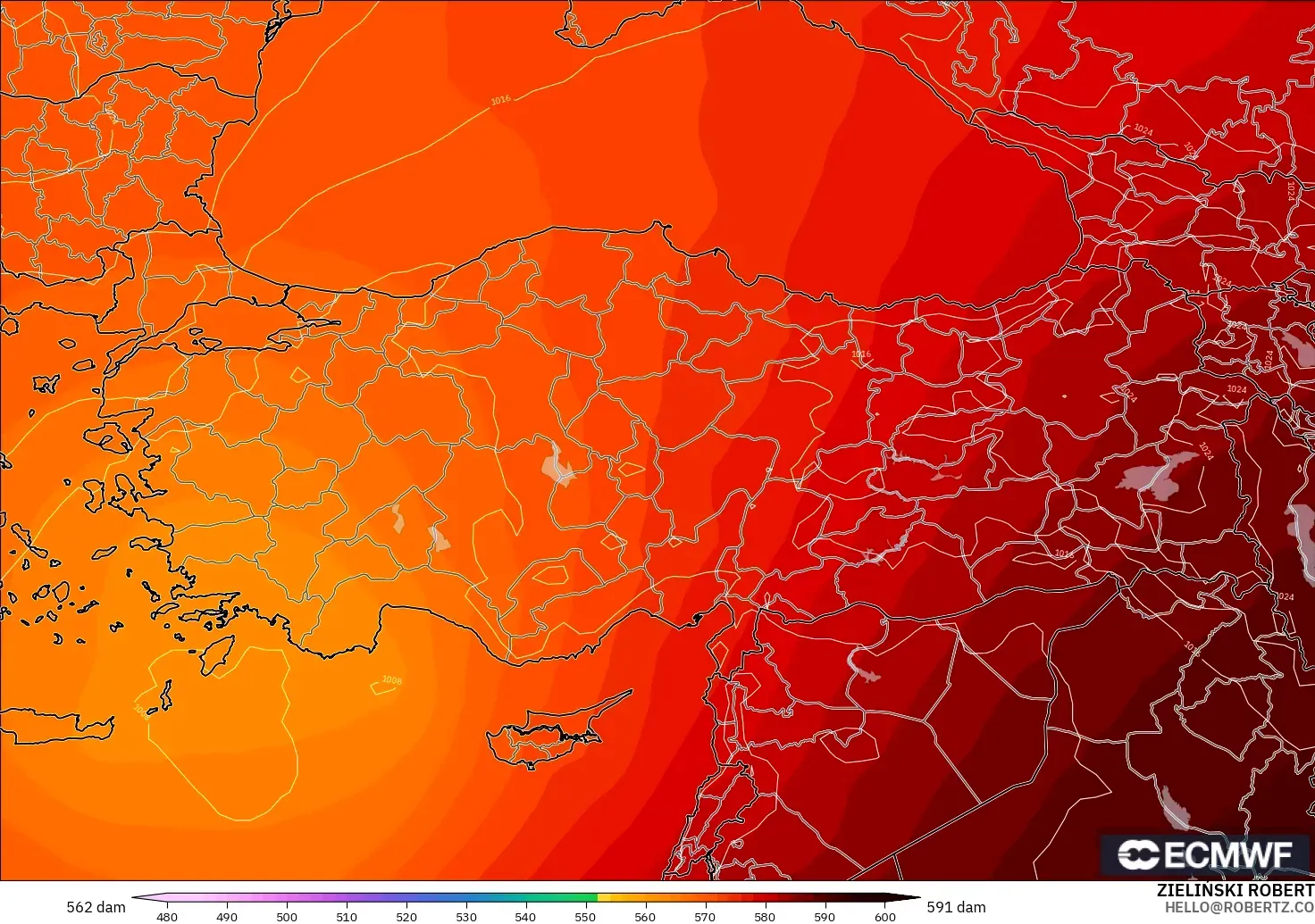 ECMWF IFS 0.25° model - Turkey, Geopotential height at 500hPa