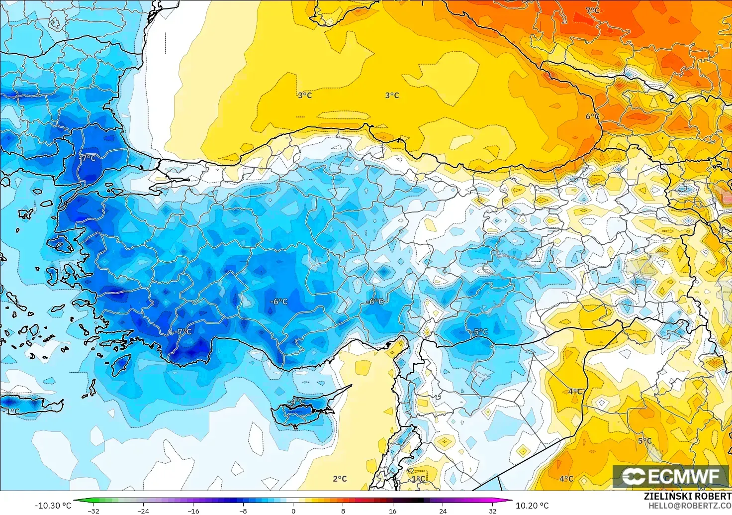 ECMWF IFS 0.25° model - Turkey, Temperature at 2m Anomaly