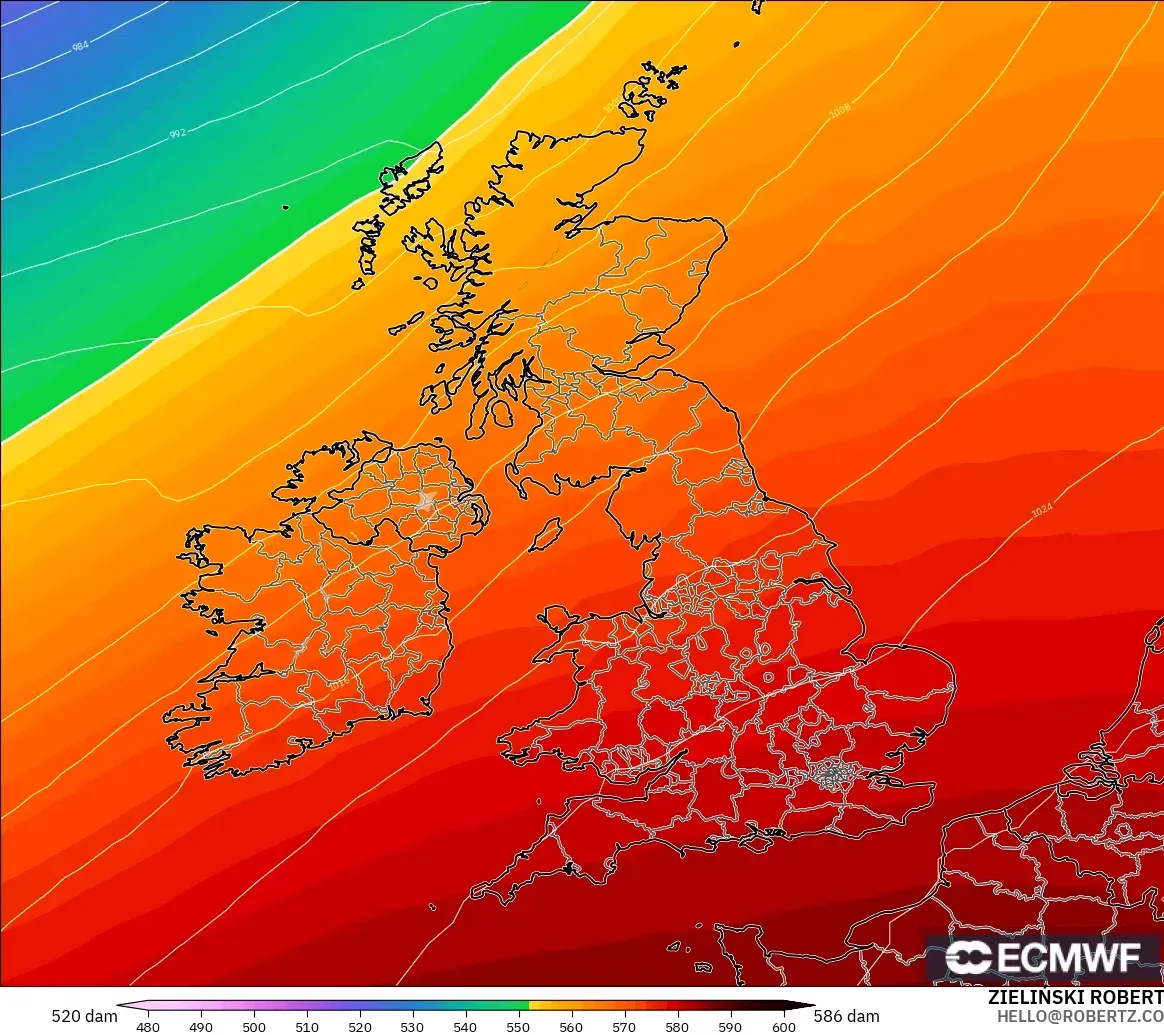 ECMWF IFS 0.25° model - United Kingdom, Geopotential height at 500hPa
