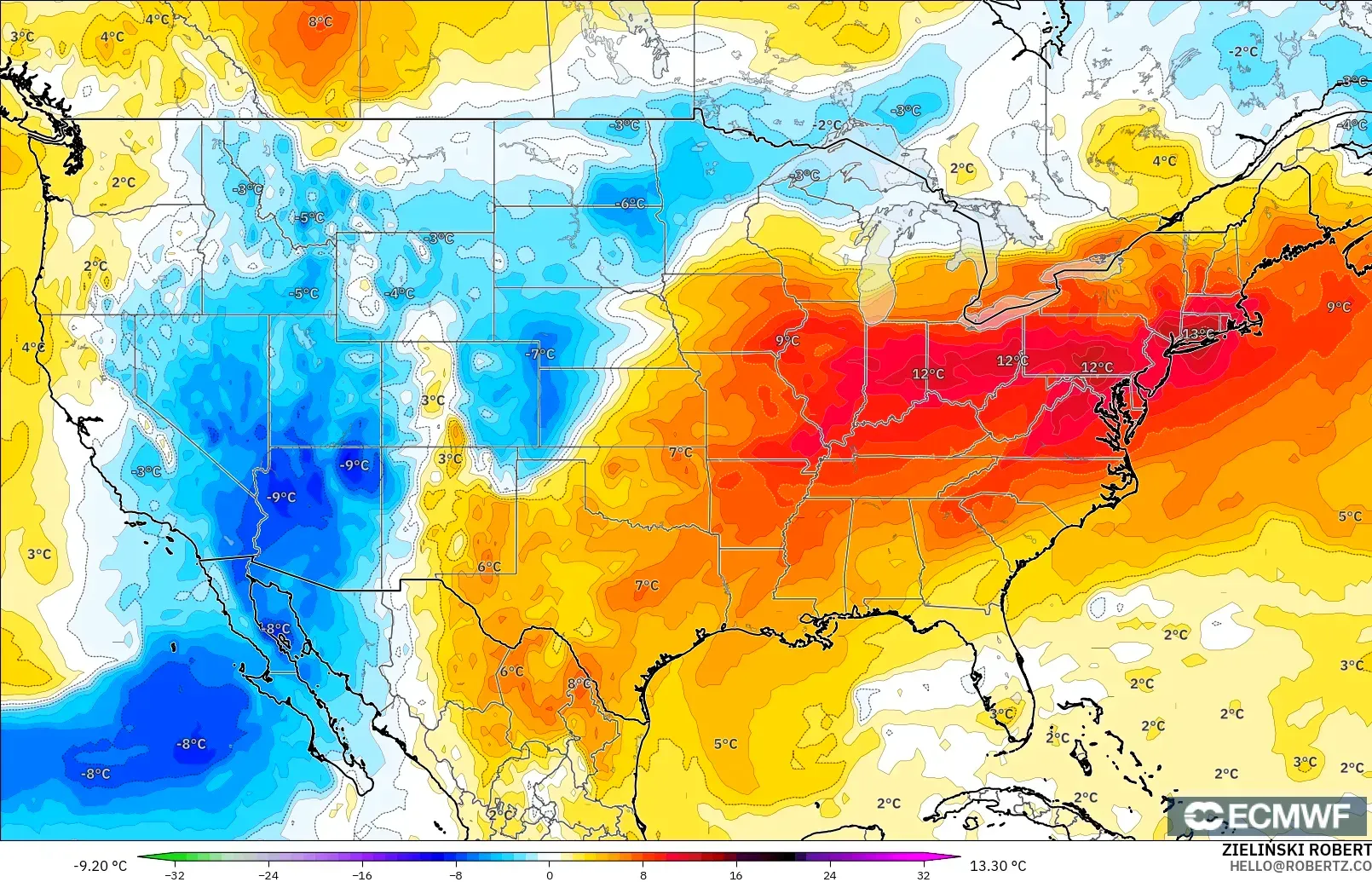 ECMWF IFS 0.25° model - United States, Temperature at 850hPa Anomaly