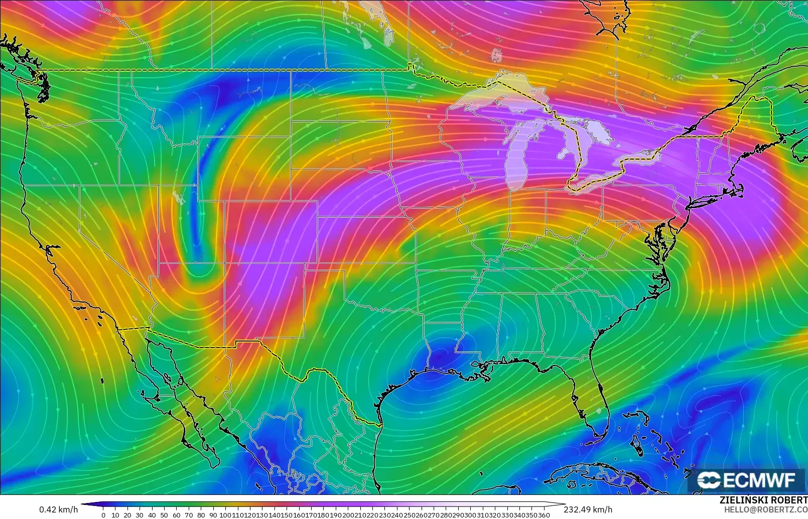 ECMWF IFS 0.25° model - United States, Wind at 300hPa (jet stream)
