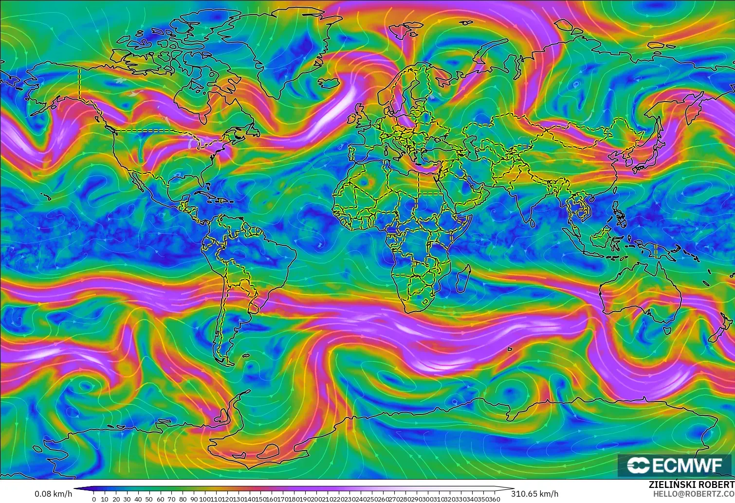 ECMWF IFS 0.25° model - World, Wind at 300hPa (jet stream)