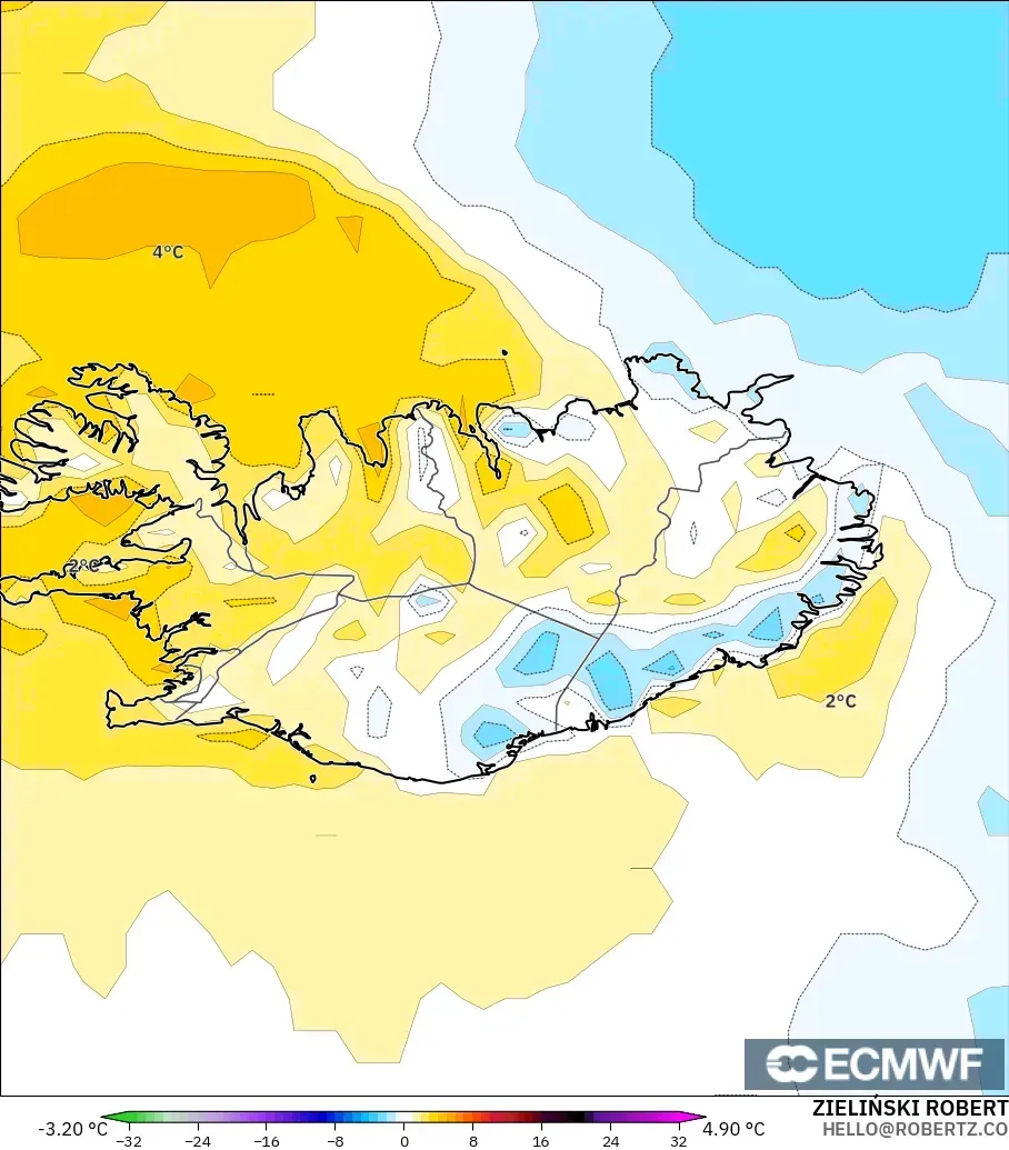 ECMWF IFS 0.25° model - Iceland, Temperature at 2m Anomaly