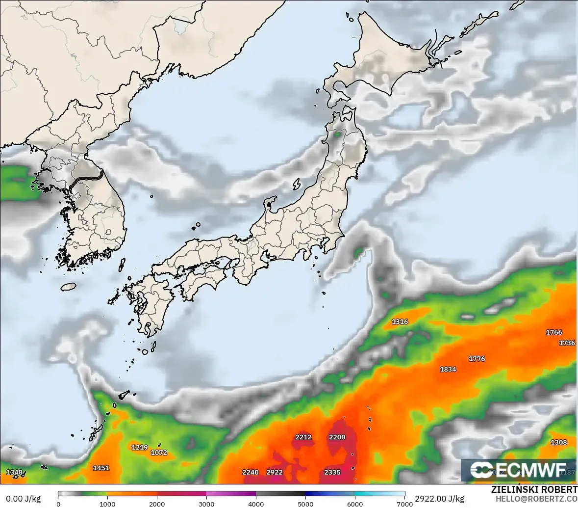 ECMWF IFS 0.25° model - Japan, CAPE