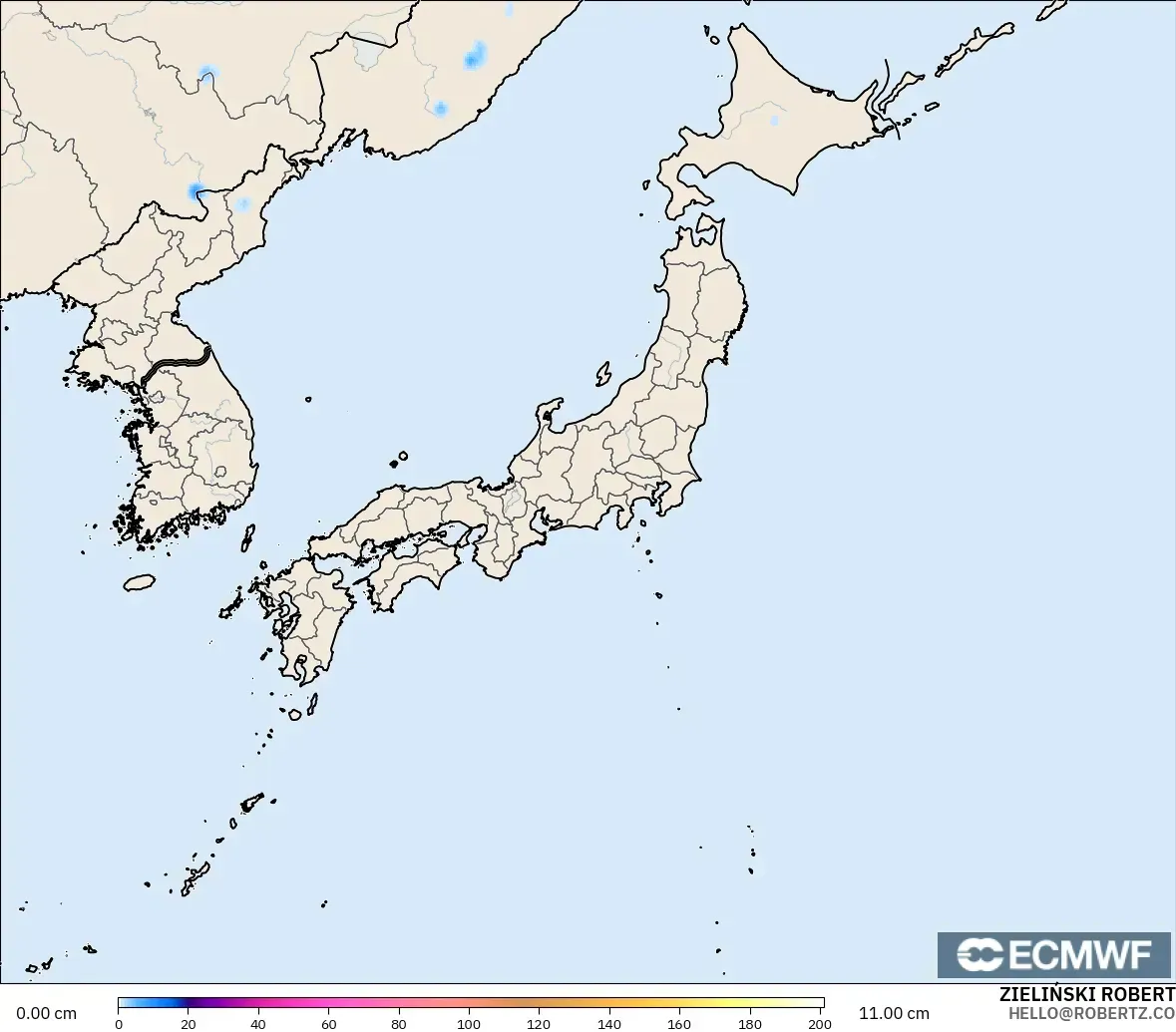 ECMWF IFS 0.25° model - Japan, Snow Depth