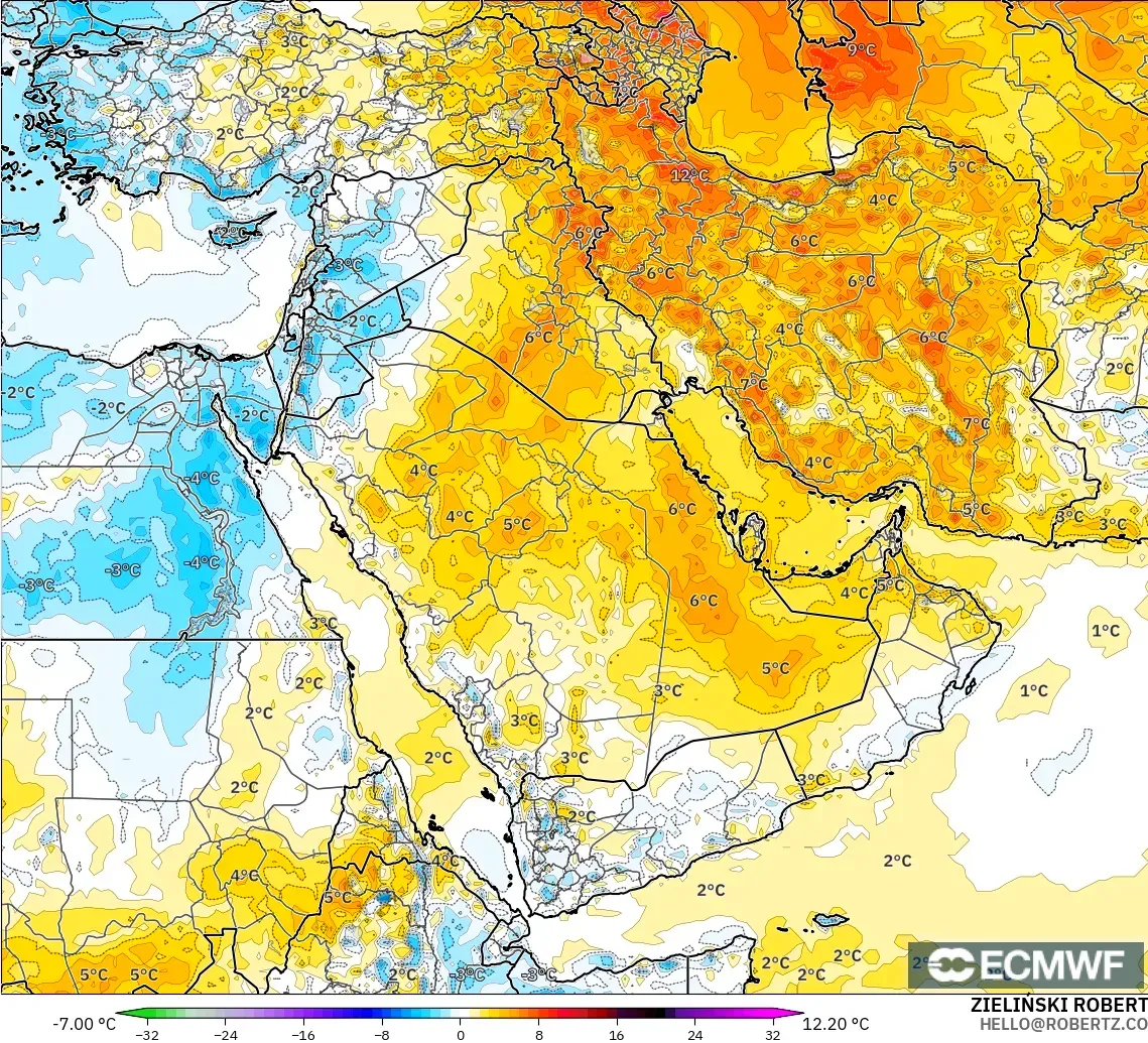 ECMWF IFS 0.25° model - Middle East, Temperature at 2m Anomaly