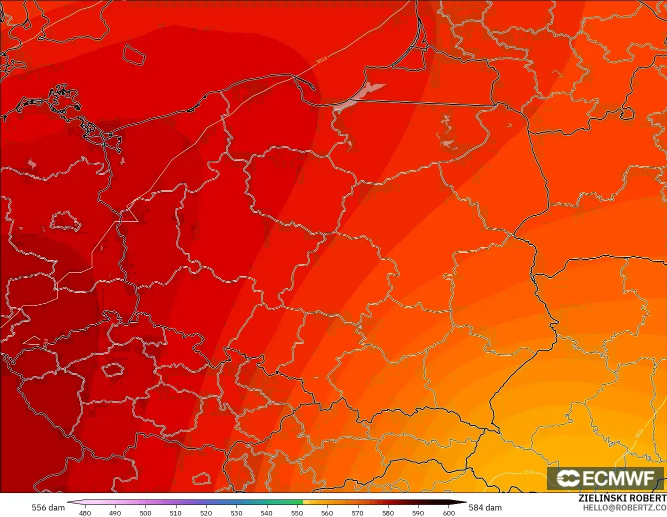 ECMWF IFS 0.25° model - Poland, Geopotential height at 500hPa