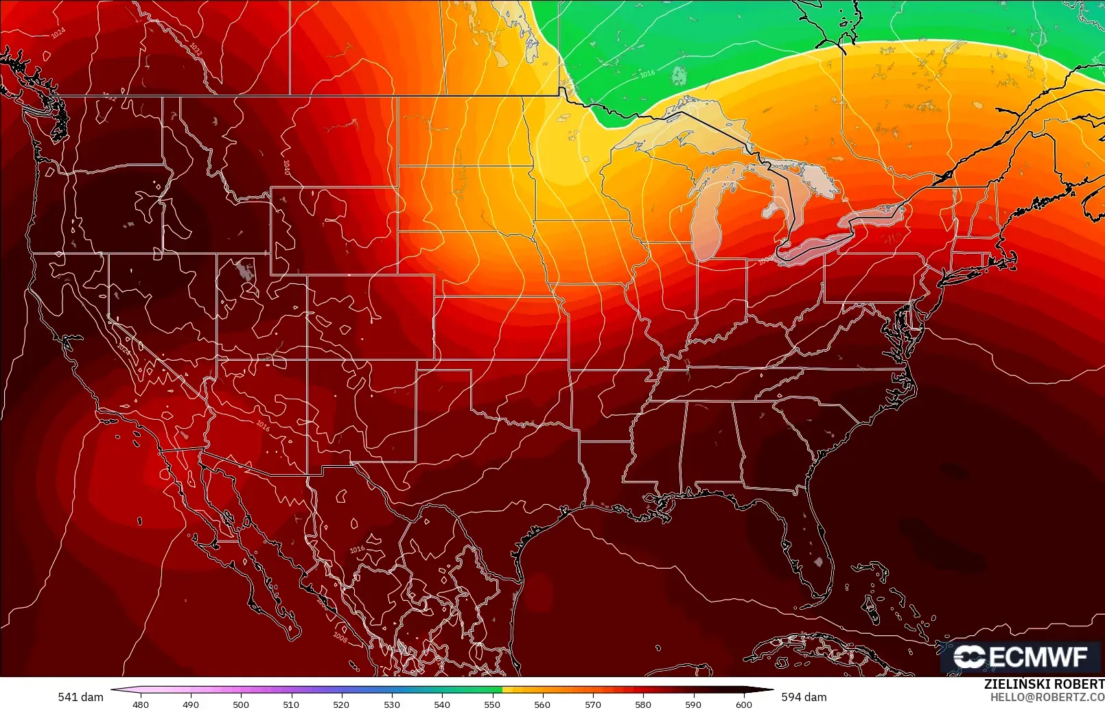 ECMWF IFS 0.25° model - United States, Geopotential height at 500hPa