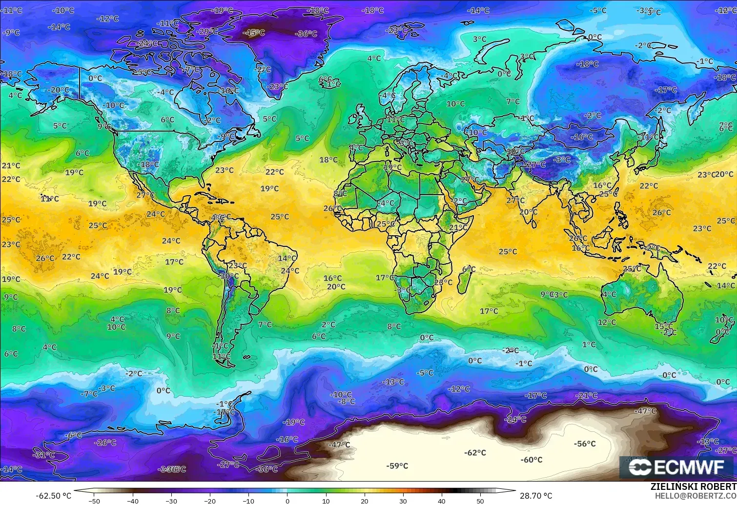ECMWF IFS 0.25° model - World, Dewpoint at 2m