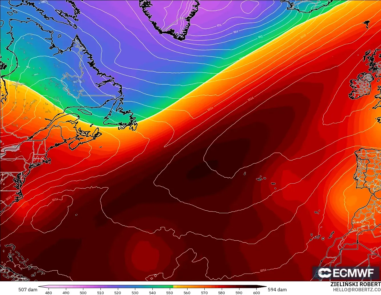 ECMWF IFS 0.25° model - North Atlantic, Geopotential height at 500hPa