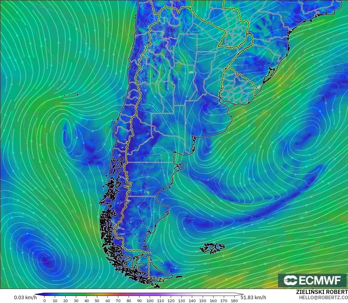 ECMWF IFS 0.25° model - Argentina, Wind at 10m