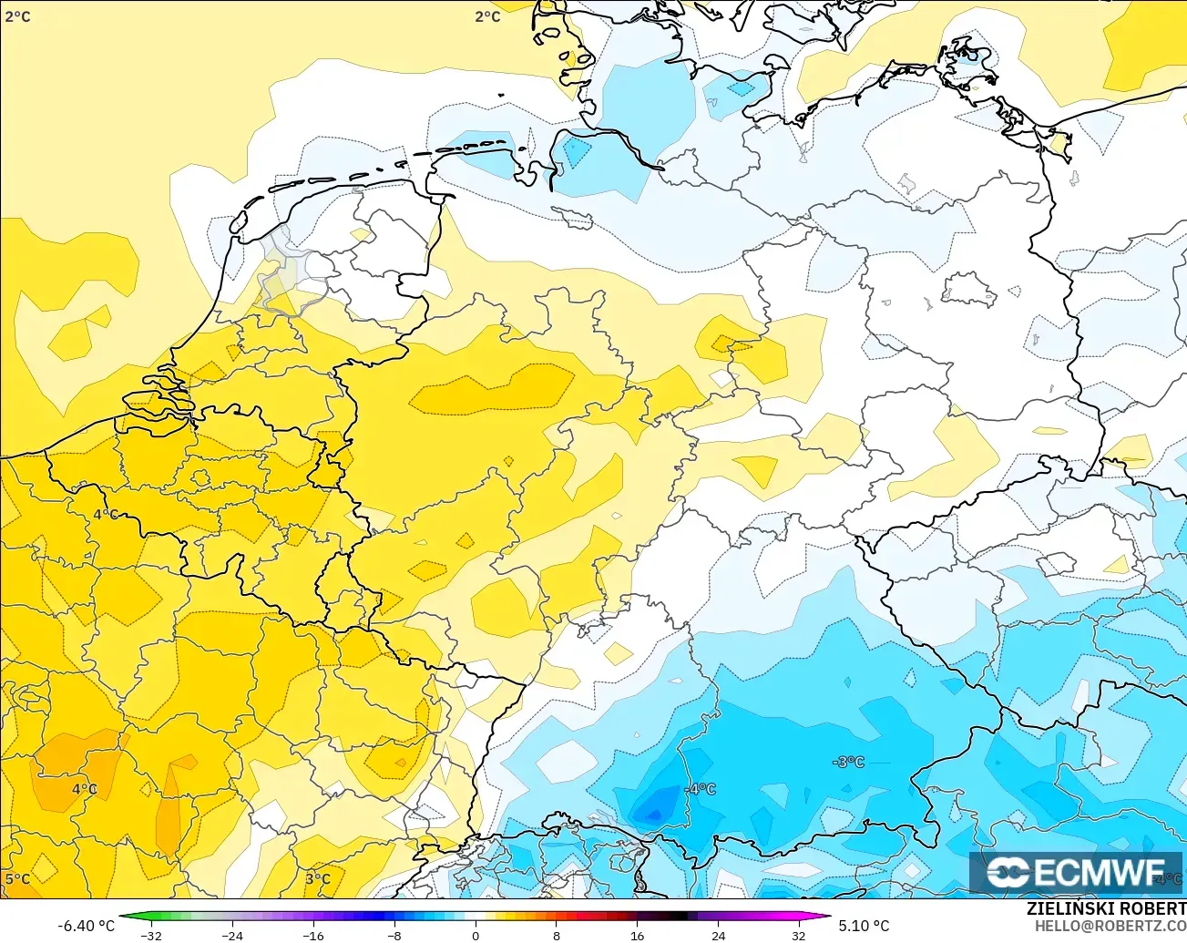 ECMWF IFS 0.25° model - Germany, Temperature at 2m Anomaly