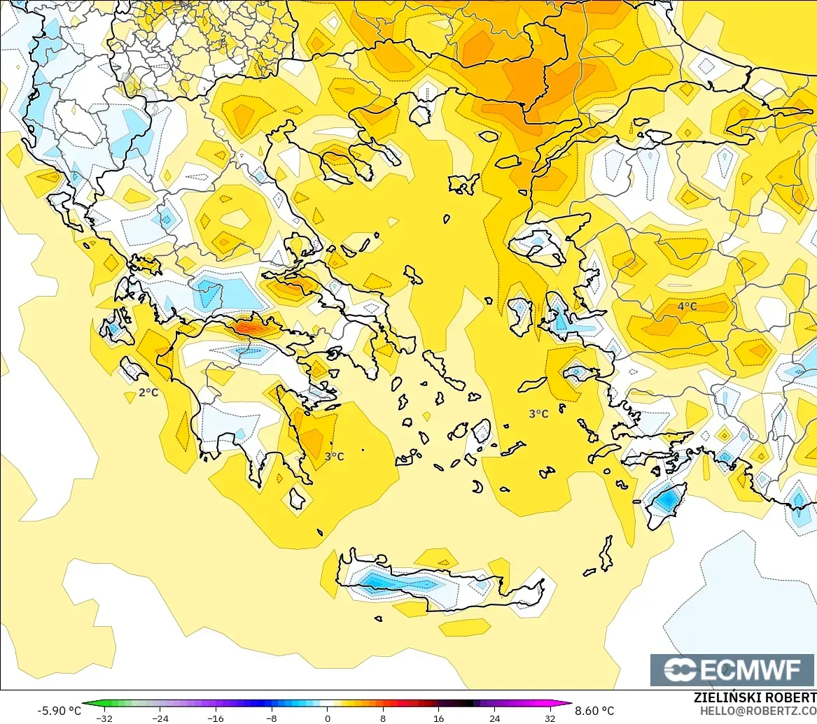 ECMWF IFS 0.25° model - Greece, Temperature at 2m Anomaly