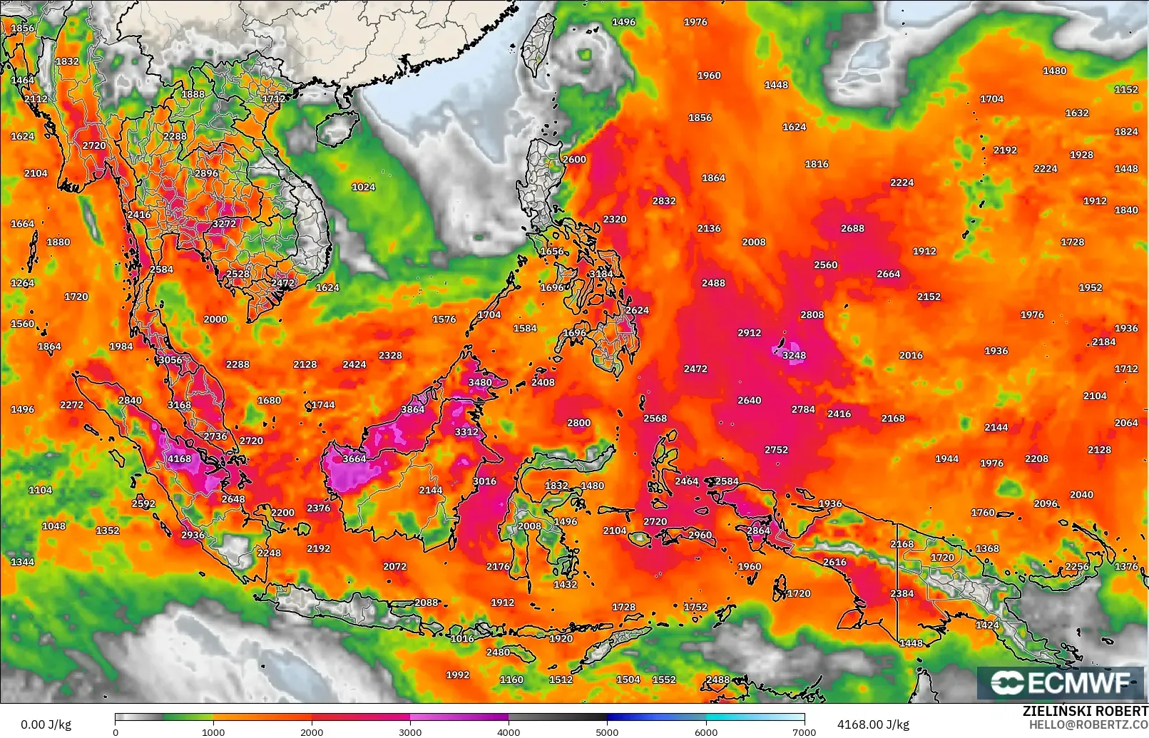 ECMWF IFS 0.25° model - South East Asia, CAPE