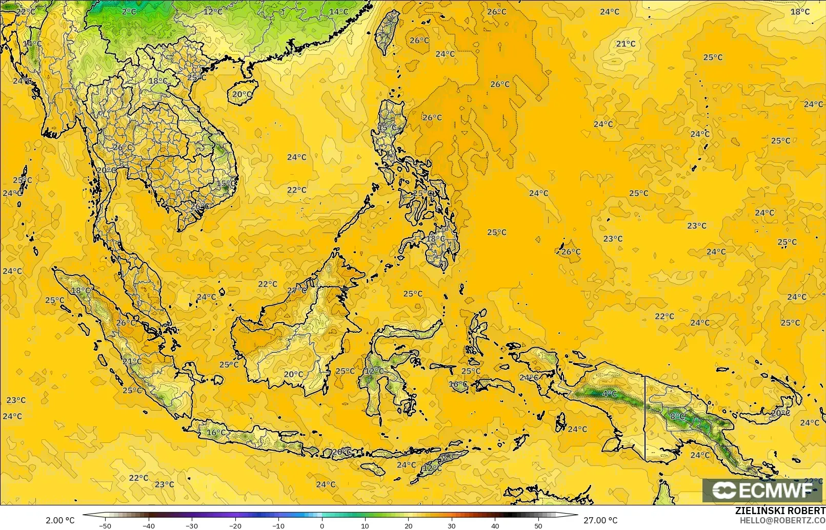 ECMWF IFS 0.25° model - South East Asia, Dewpoint at 2m