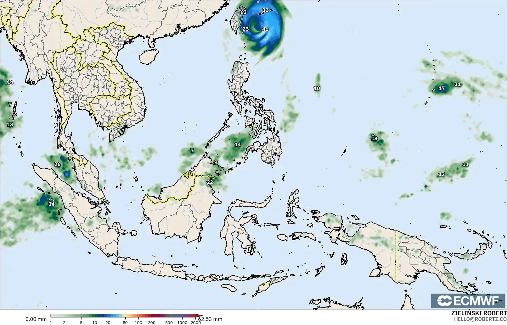 ECMWF IFS 0.25° model - South East Asia, Precipitation Accumulation